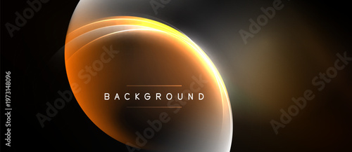 Abstract design features layered orange shapes, glowing lines. Dark background emphasizes central element with text BACKGROUND. Modern, minimalist aesthetic.