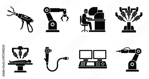 Medical robotics icons set with surgical tools and automated equipment for hospital healthcare operations now