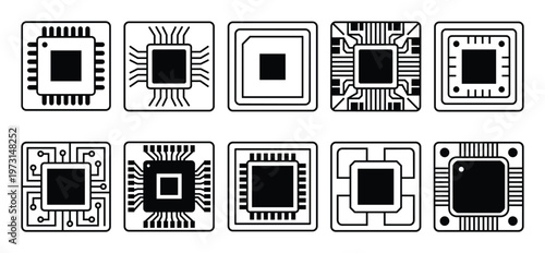 Microchip and processor circuit board icons set representing semiconductor technology and computer hardware