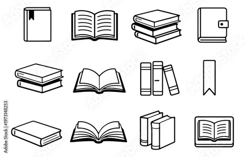 Line art book set featuring open, closed, and stacked books with a bookmark for education and learning