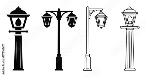 Old street lamp collection black and white icons of classic outdoor lighting for urban parks and city gardens