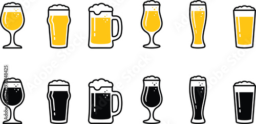 Collection of various beer glasses and mugs on white background