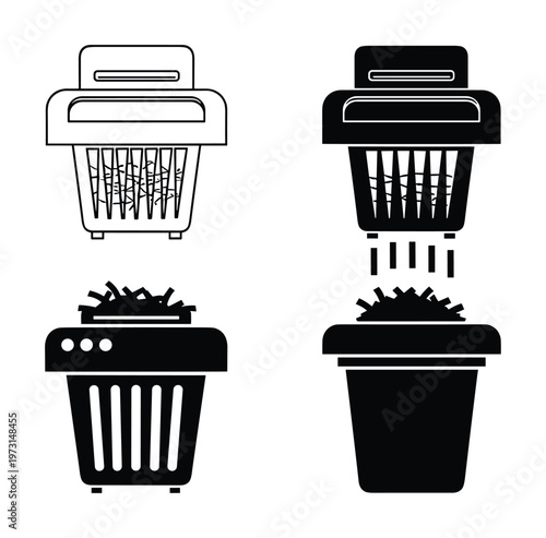 Paper shredder icon set depicting different styles of document destruction devices and shredded paper