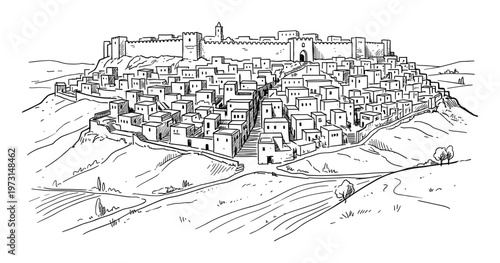 Panoramic hand drawn sketch of walled hilltop city with detailed houses and surrounding agricultural landscape