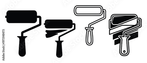 Paint rollers vector set. Different styles of paint rollers in black on transparent background
