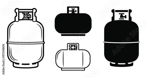 Propane tank icon set showing various styles of gas cylinders, including outline and solid fill designs