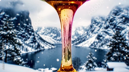 A serene snowy mountain landscape through a wine glass
