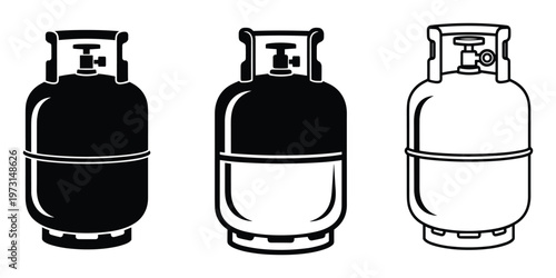 Propane gas cylinder set showing diverse canister designs for storage and transport of flammable fuel energy