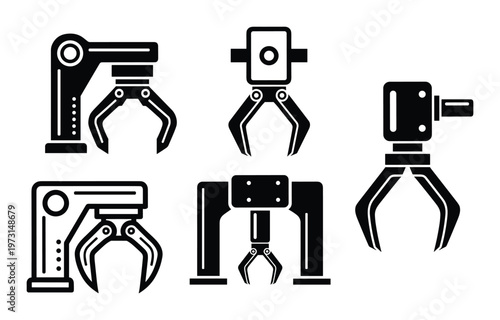Robotic hand flat icons. set of different industrial manipulators. mechanical gripper machine illustration