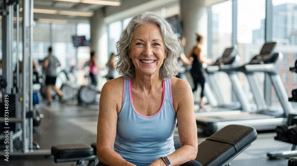Fototapeta premium portrait of a radiant senior woman Sporty portrait of a fifty year old Hispanic during her workout routine, capturing a joyful expression against the blurred backdrop of a high-end fitness center.
