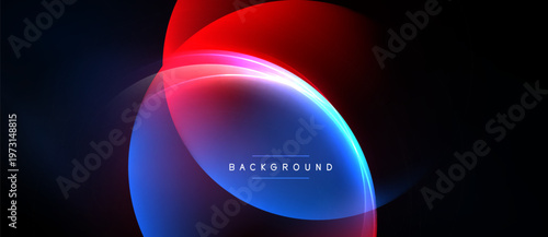Abstract design features overlapping glowing circles. Red, blue hues dominate dark background. Minimalist text reads background. Modern aesthetic.