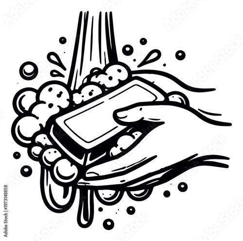 Hand drawn line art illustration of hands and soap depicting washing and lathering for hygiene