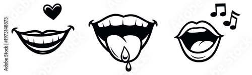 Line art mouth expressions set featuring a happy smile, a drooling tongue, and a singing mouth for expressive communication