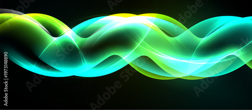 Bright wavy lines flow across black background. Vivid greens, yellows create dynamic visual effect. Smooth curves suggest movement, energy.