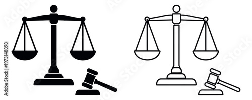 Modern line art and silhouette legal icon set featuring scales of justice and gavels for legal concepts and jurisprudence