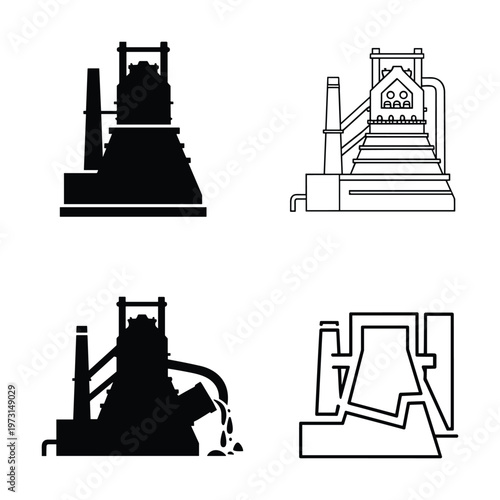 Set of blast furnace icons in silhouette and outline style, metallurgy and heavy industry