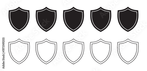 Set of classic shield icons with border line and solid fills for secure protection symbol and emblem designs.
