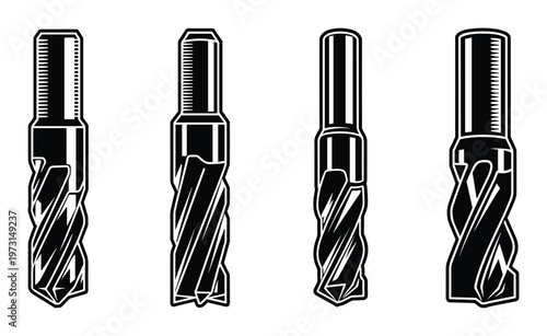 Set of drill bits used for making holes in various materials, cutting tools for industrial and construction purposes