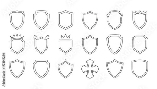 Assorted shield outline shapes for heraldic crest design and emblem creation isolated on white background.