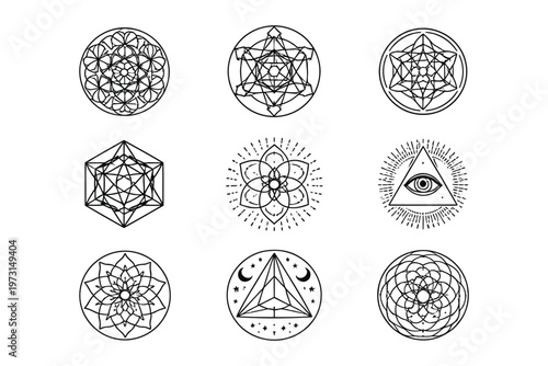 Mystical geometric symbols and sacred geometry patterns