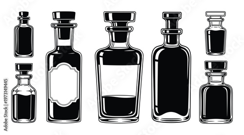 Set of silhouettes glass bottles, transparent images black containers, illustration different liquid bottles