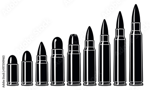 Line art ammunition set featuring different caliber cartridges for weapon and military concepts