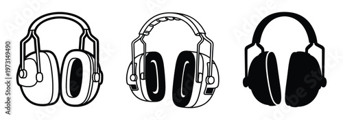 Set of three ear defenders icons in outline and solid fill styles for noise protection and soundproofing safety