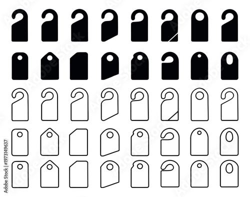 Modern clean door hanger and tag icon set featuring various black silhouettes and line art designs for branding and information signage