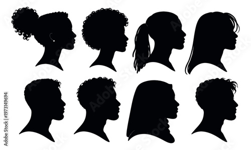 Silhouette human profiles set featuring diverse adults for identity representation