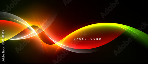 Abstract vibrant waves, glowing lines, dark background. Dynamic composition creates modern visual effect. Bright colors dominate.