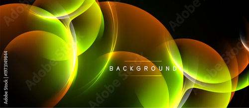 Abstract design features glowing circular shapes, vibrant colors, dark background. Modern, dynamic composition creates visual interest.