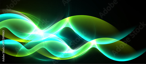 Bright flowing lines create abstract energy. Vivid green, turquoise hues dominate dark background. Light radiates from central point.