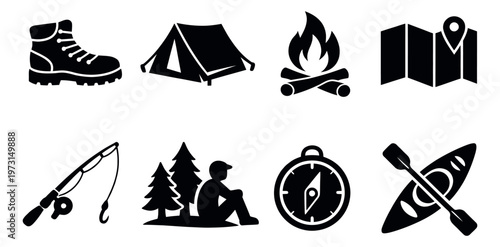 Glyph outdoor activity icon set featuring camping and adventure equipment for travel and nature exploration