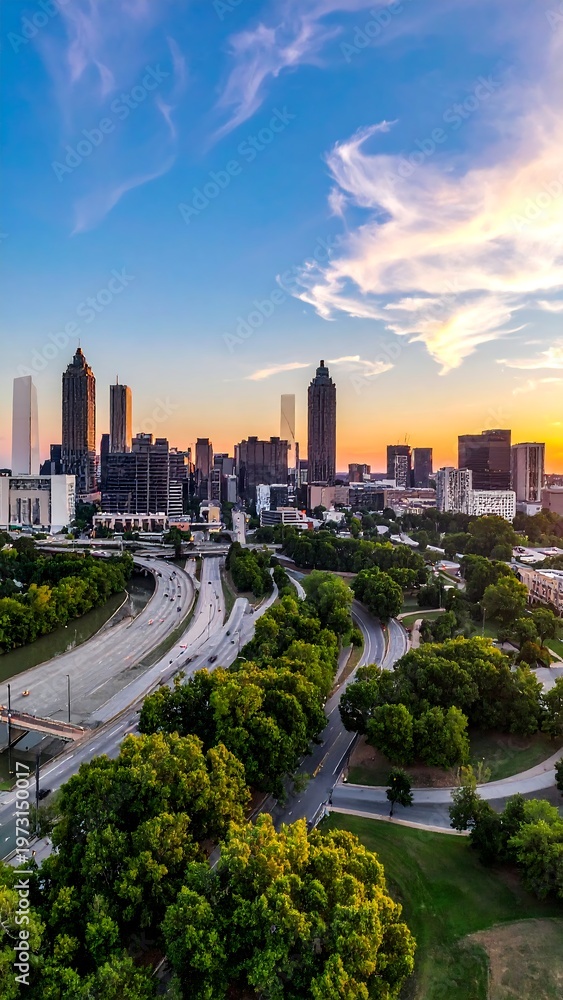Fototapeta premium An aerial view showcases a cityscape with high-rise buildings silhouetted against a vibrant sunset sky with puffy clouds. Lush green trees are below