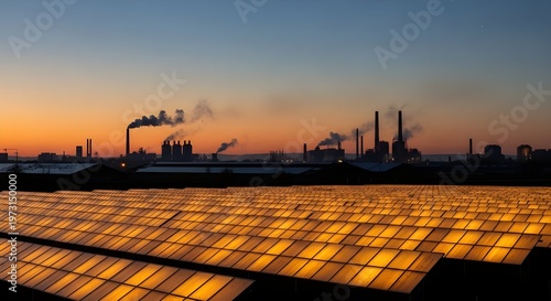 Industrial refinery skyline at golden hour with warm sunlight.