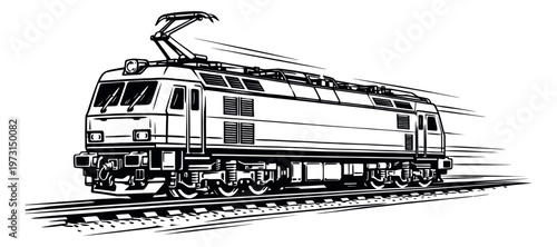 Line art illustration of an electric train depicting rapid movement for transportation and travel concepts