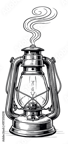 Hand drawn line art illustration of a kerosene lantern depicting a lit flame and rising smoke for traditional illumination