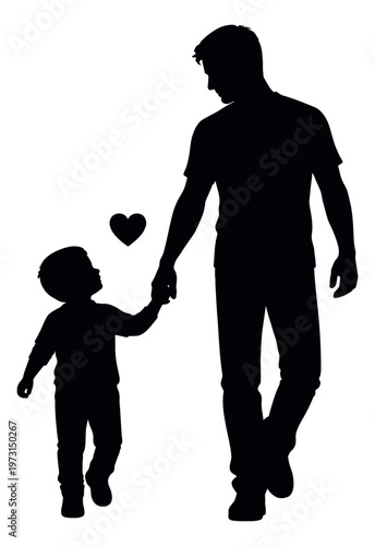 Graphic silhouette illustration of a father and son depicting a loving bond with a heart symbol for family and parenthood concepts