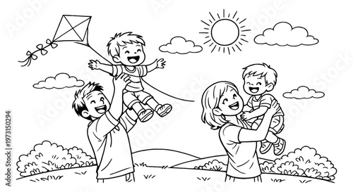 Hand drawn line art illustration of a happy family depicting parents playing with their children outdoors for summer fun