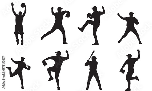 Collection of baseball player silhouettes in various action poses on the field.