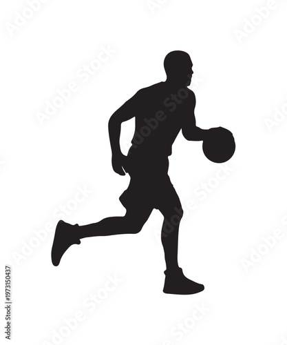 Silhouette of a basketball player dribbling the ball while running on the court.