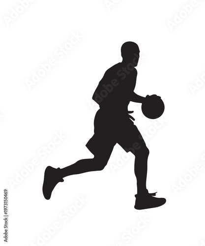 A striking black silhouette of a male basketball player intensely dribbling the ball while running forward, isolated on a clean white background, conveying speed, control, and offensive play.