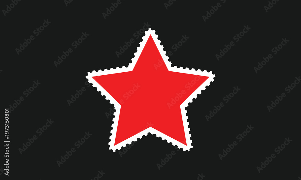 Fototapeta premium A striking red star graphic featuring a white serrated postage-stamp border, isolated on a solid black background. Ideal for modern icons, decorative badges, and creative digital art