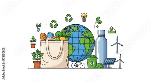 Eco friendly shopping bag with globe plants solar panel wind turbines and recyclable items for sustainable living