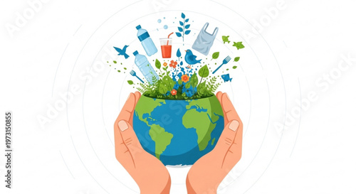 Hands holding a globe with eco friendly items and plants growing out of it symbolizing environmental conservation and sustainability