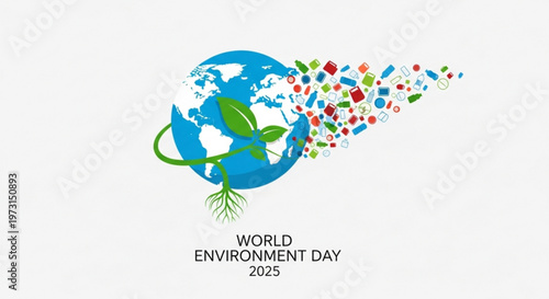 World environment day 2025 poster with globe green leaves and colorful pollution particles