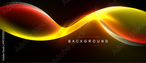 Abstract flowing shapes, vibrant colors, dynamic light effects. Dark background emphasizes bright curves, creating modern visual impact.