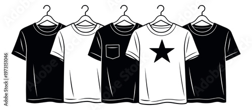 Line art t-shirt set featuring black and white t-shirts on hangers with various designs for fashion retail display