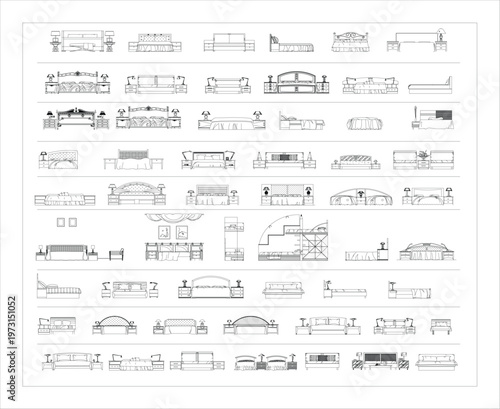 Bed front elevation, clean CAD-style vector illustration isolated on white background. EPS 10.