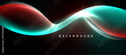 Abstract flowing shapes, red, teal colors dominate dark background. Bright light emanates from central intersection. Modern design element.